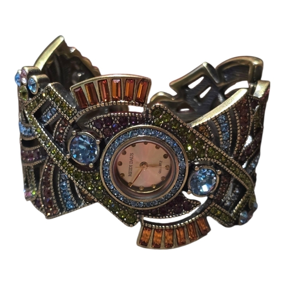 Heidi Daus Art Deco Swarovski Crystal Golden Bronze Cuff Bracelet Watch - Picture 7 of 10
